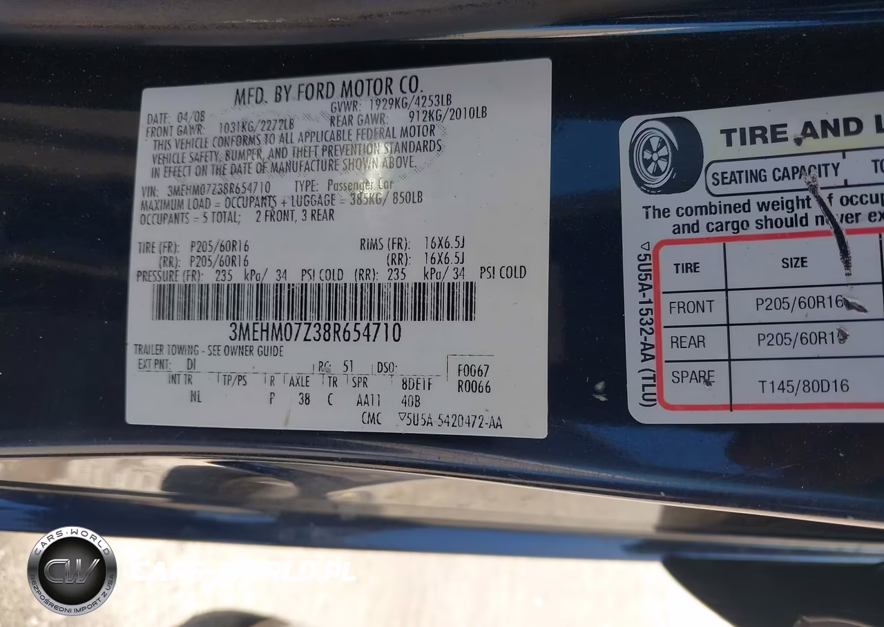 2008 Mercury Milan I4 VIN:3MEHM07Z38R654710 - 9