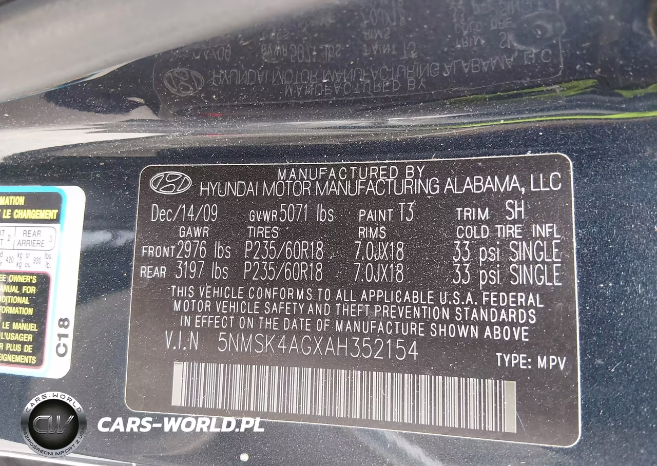 2010 Hyundai Santa Fe Limited V6 VIN:5NMSK4AGXAH352154 - 9