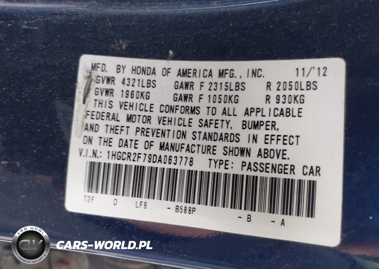 2013 Honda Accord Ex VIN:1HGCR2F79DA063778 - 9