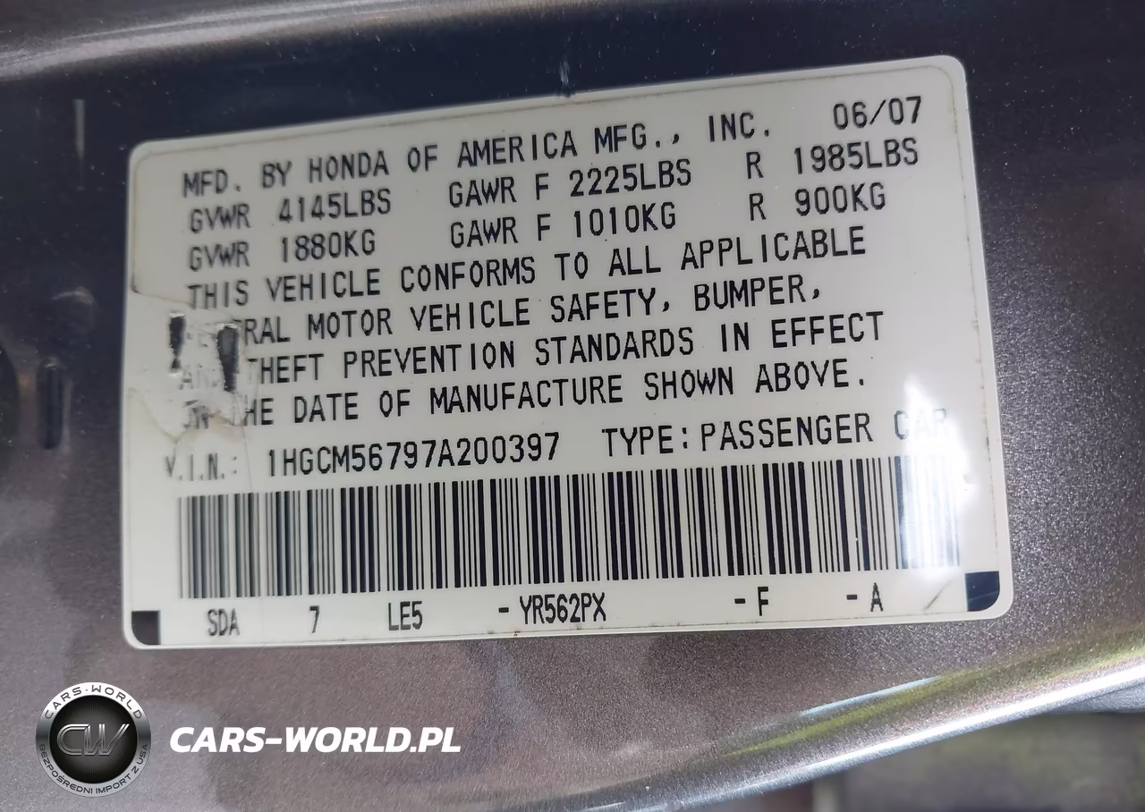 2007 Honda Accord 2.4 Ex VIN:1HGCM56797A200397 - 9