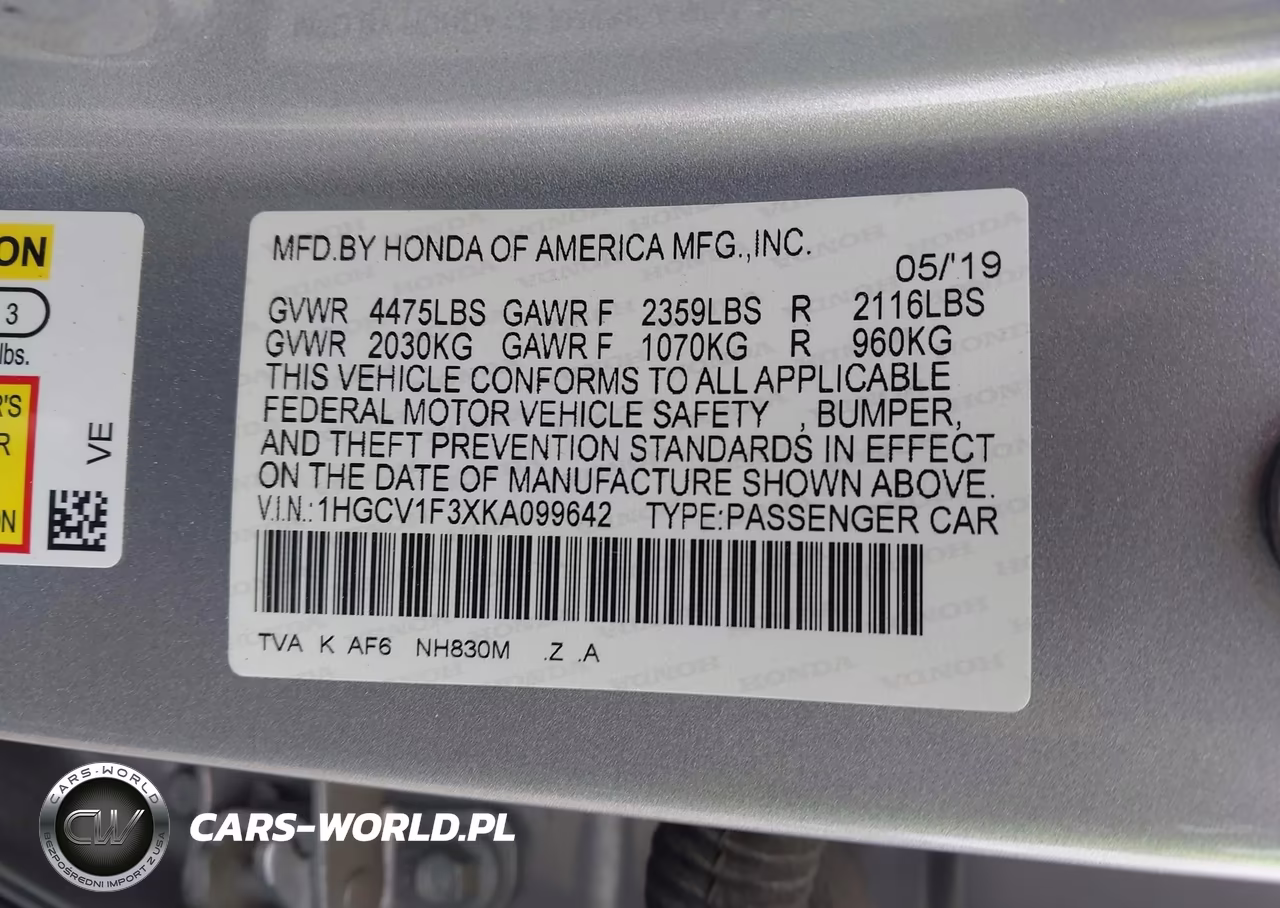 2019 Honda Accord Sport VIN:1HGCV1F3XKA099642 - 9