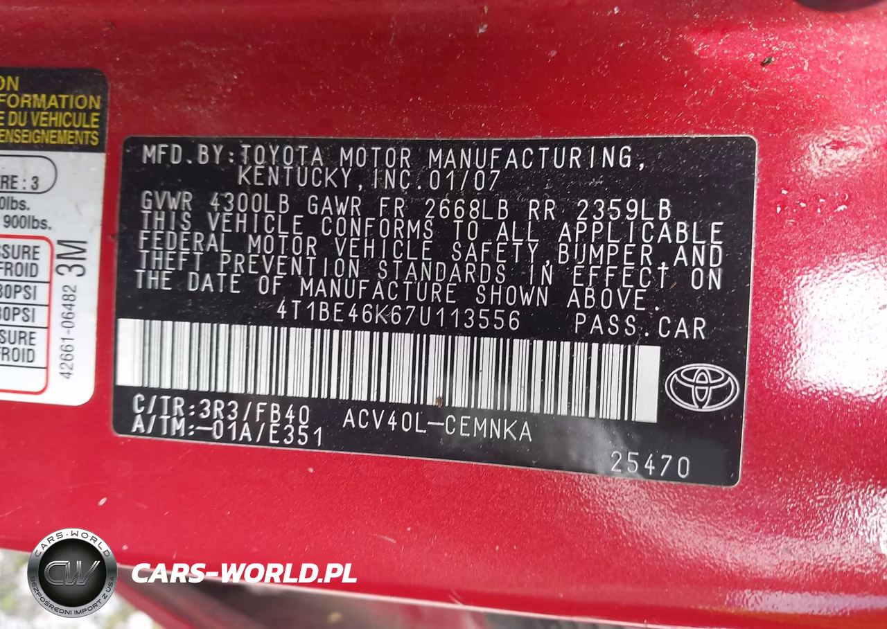 2007 Toyota Camry Le VIN:4T1BE46K67U113556 - 9