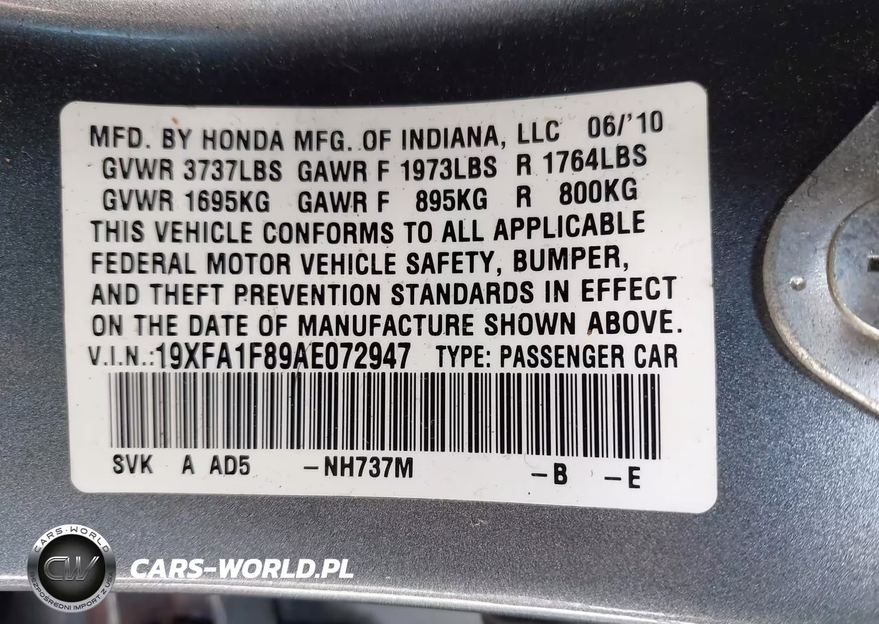 2010 Honda Civic Ex VIN:19XFA1F89AE072947 - 9