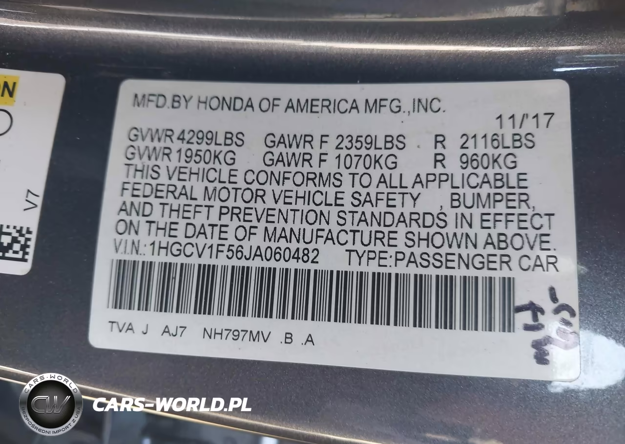 2018 Honda Accord Ex-L VIN:1HGCV1F56JA060482 - 9