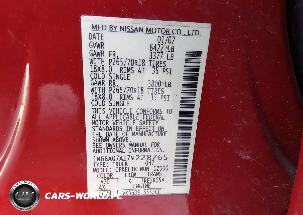 2007 Nissan Titan Se VIN:1N6BA07A17N228765 - 9