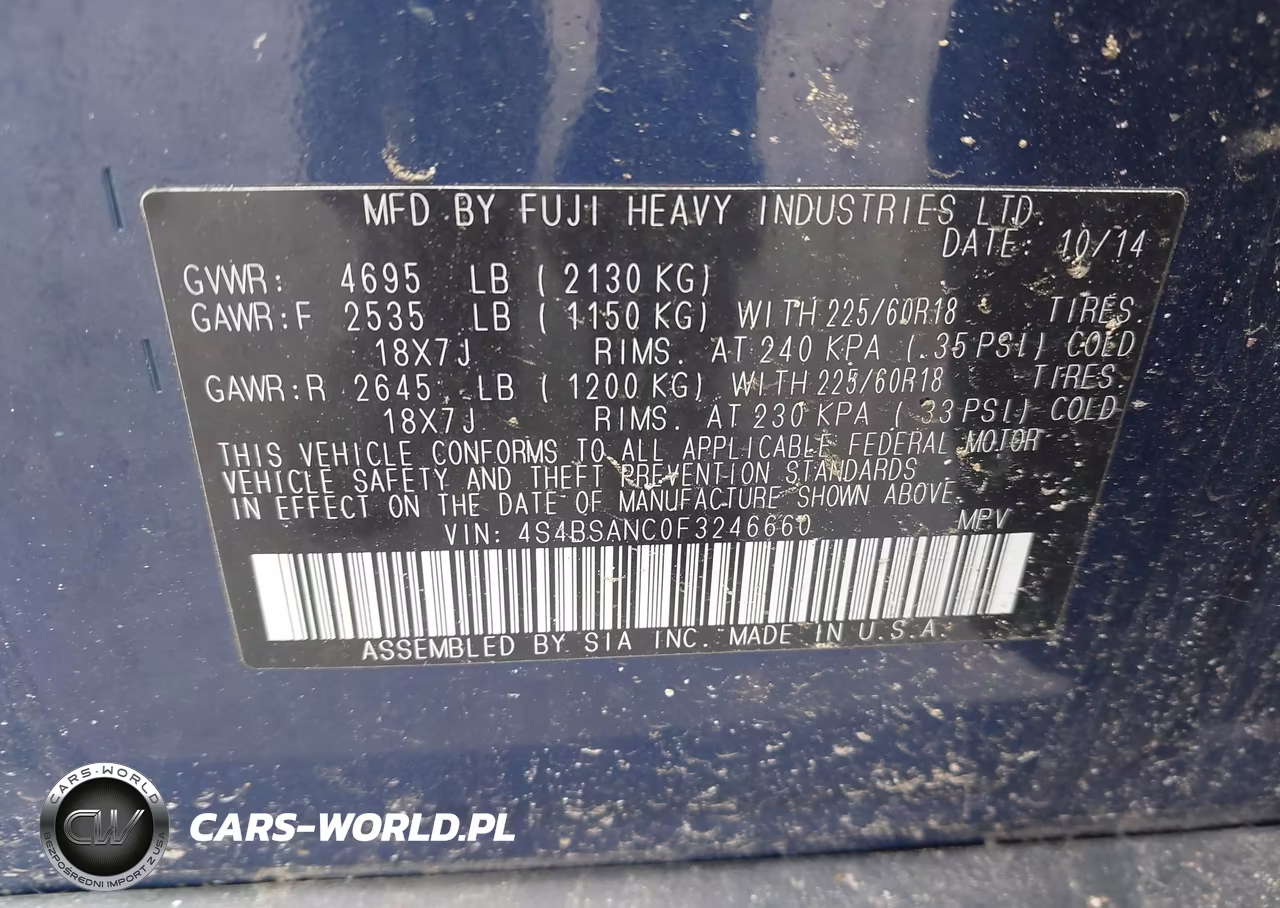 2015 Subaru Outback 2.5I Limited VIN:4S4BSANC0F3246660 - 9