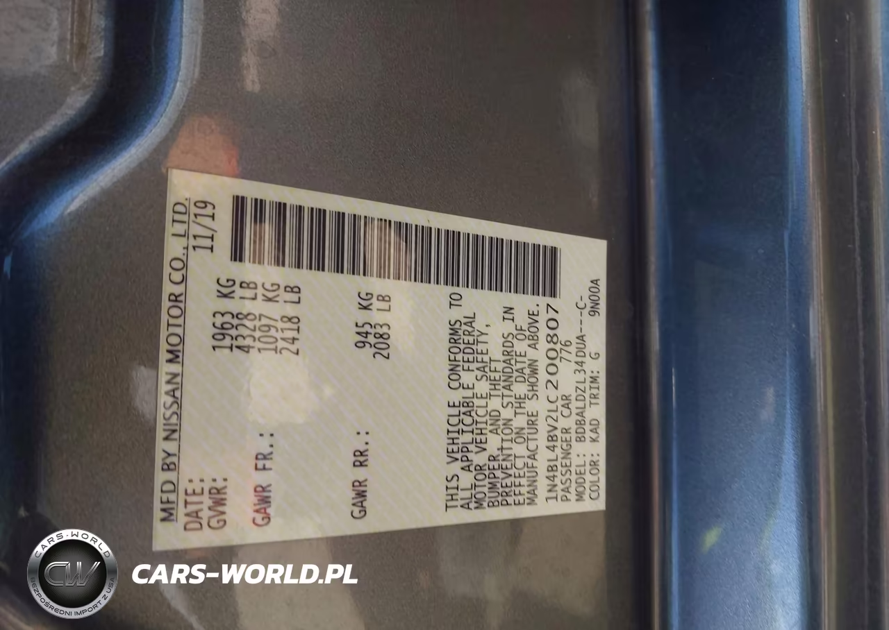 2020 Nissan Altima S Fwd VIN:1N4BL4BV2LC200807 - 9