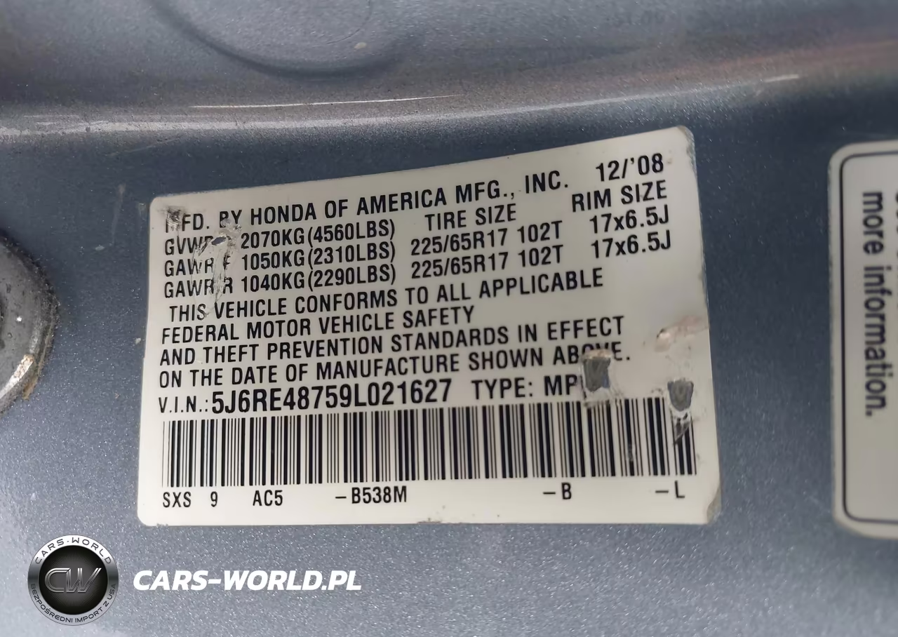 2009 Honda Cr-V Ex-L VIN:5J6RE48759L021627 - 9