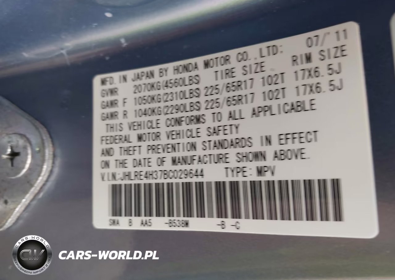 2011 Honda Cr-V Lx VIN:JHLRE4H37BC029644 - 9