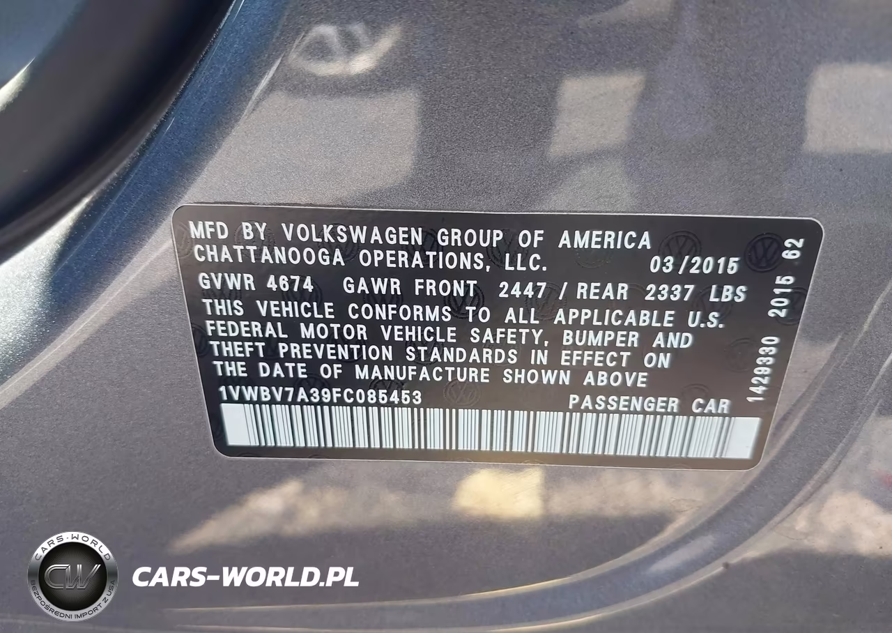 2015 Volkswagen Passat 2.0L Tdi Se VIN:1VWBV7A39FC085453 - 9