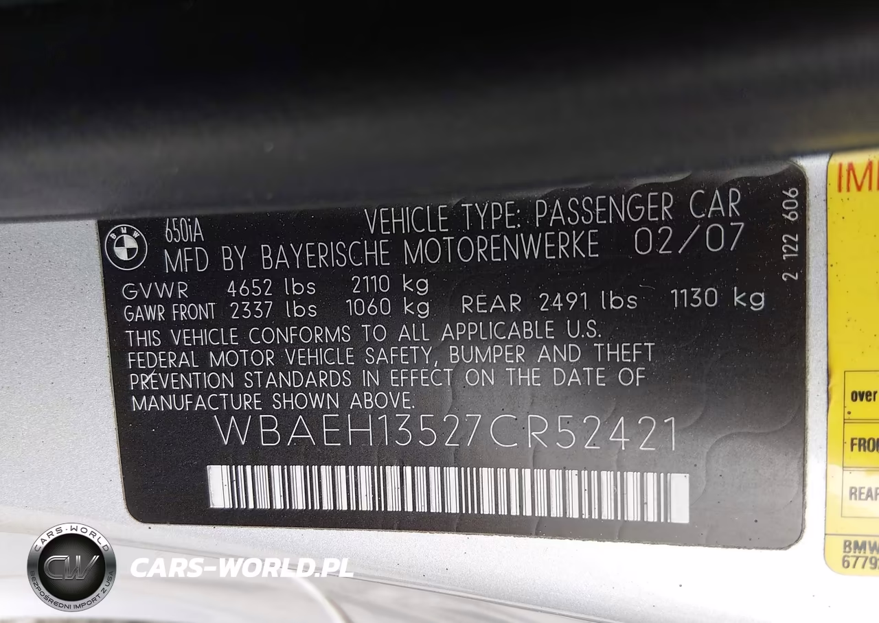 2007 BMW 650I VIN:WBAEH13527CR52421 - 9