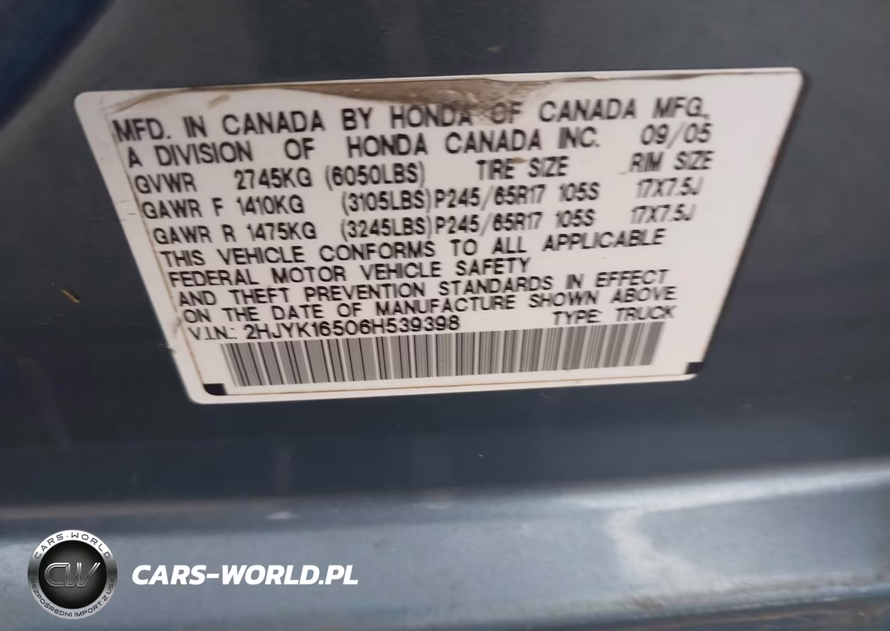 2006 Honda Ridgeline Rtl VIN:2HJYK16506H539398 - 9