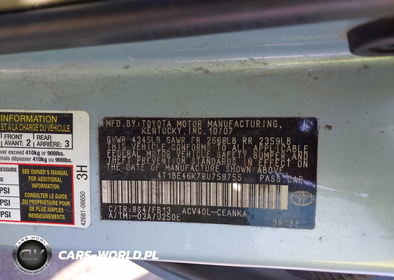 2008 Toyota Camry Le VIN:4T1BE46K78U759755 - 9