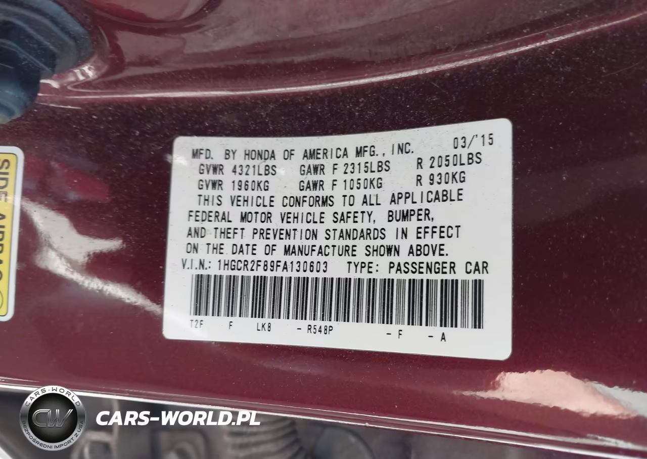 2015 Honda Accord Ex-L VIN:1HGCR2F89FA130603 - 9