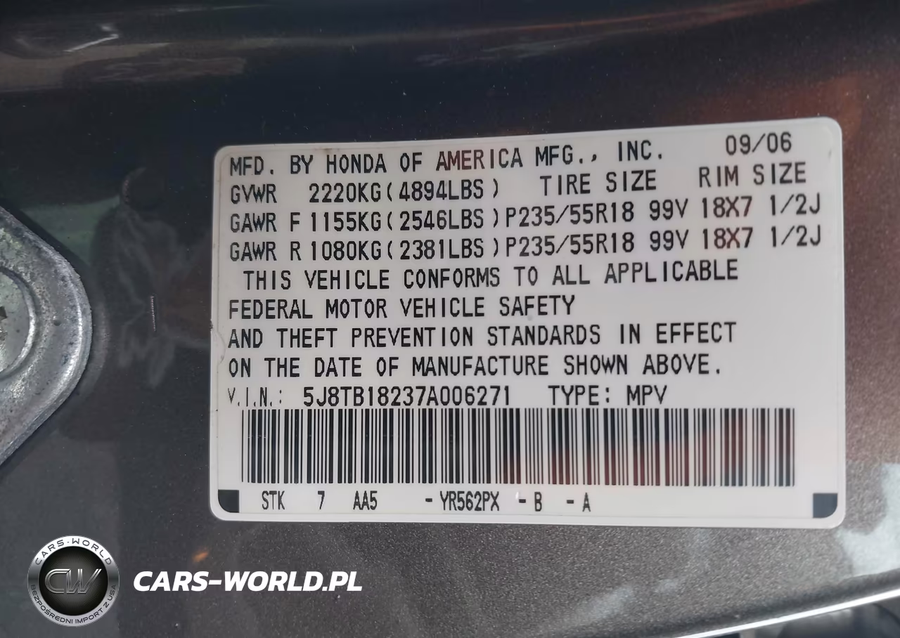 2007 Acura Rdx VIN:5J8TB18237A006271 - 9