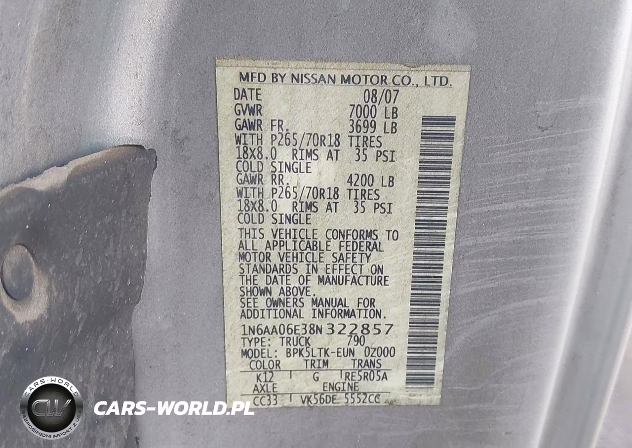 2008 Nissan Titan Se VIN:1N6AA06E38N322857 - 9
