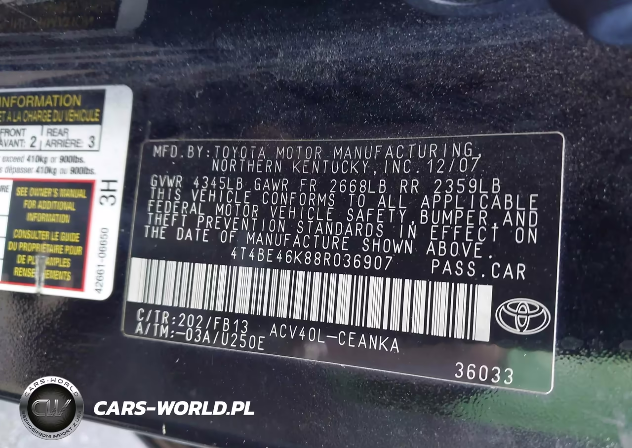 2008 Toyota Camry Le VIN:4T4BE46K88R036907 - 9