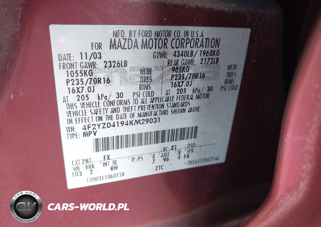 2004 Mazda Tribute Lx V6 VIN:4F2YZ04194KM29031 - 9