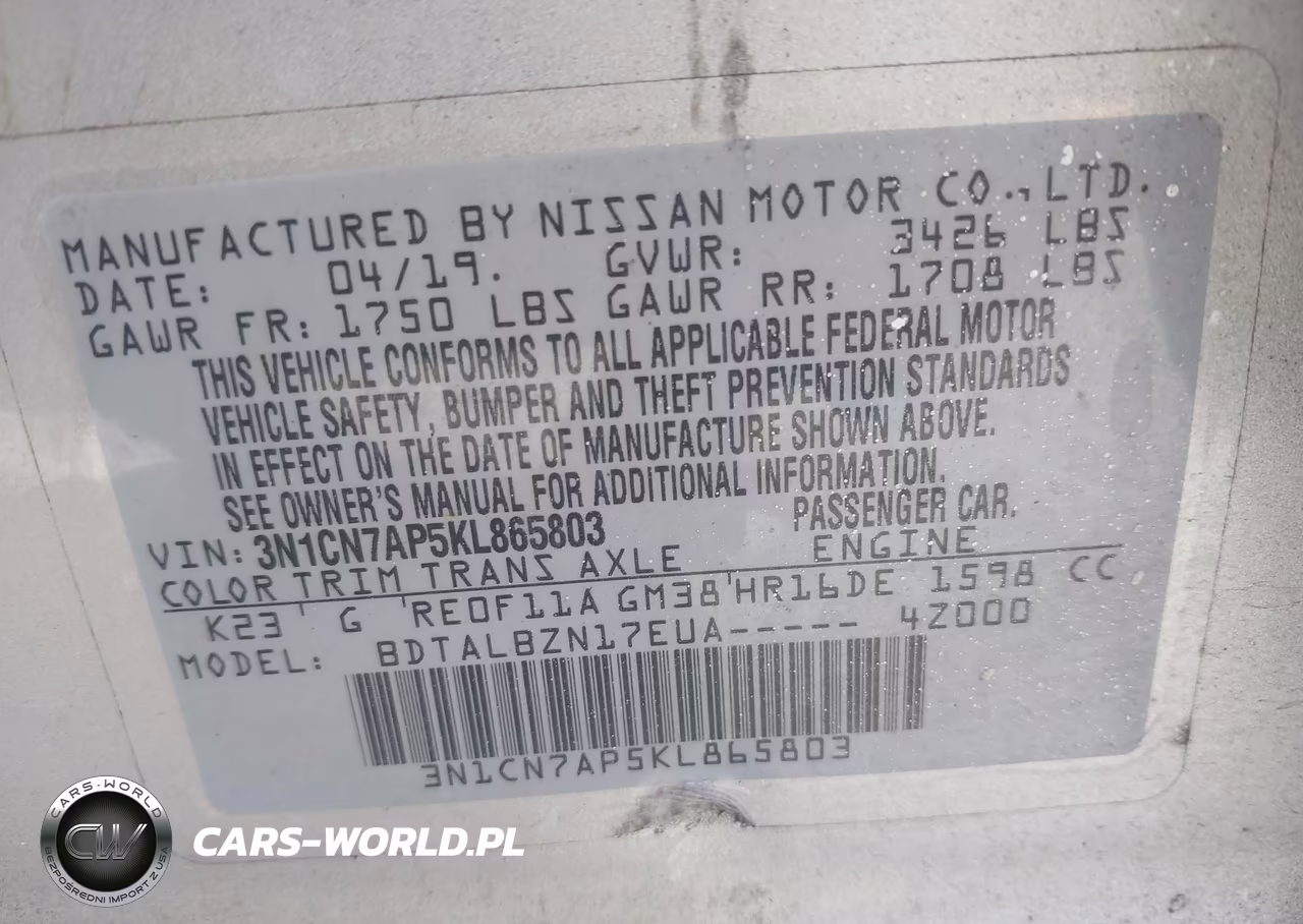 2019 Nissan Versa 1.6 Sv VIN:3N1CN7AP5KL865803 - 9