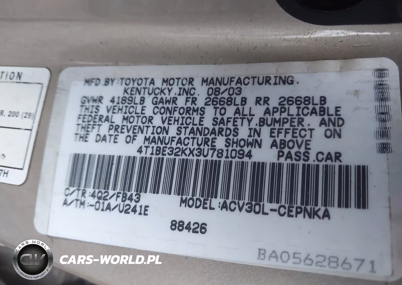 2003 Toyota Camry Le VIN:4T1BE32KX3U781094 - 9