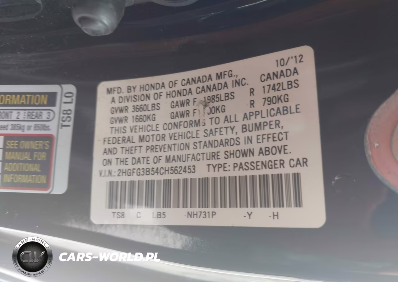 2012 Honda Civic Lx VIN:2HGFG3B54CH562453 - 9