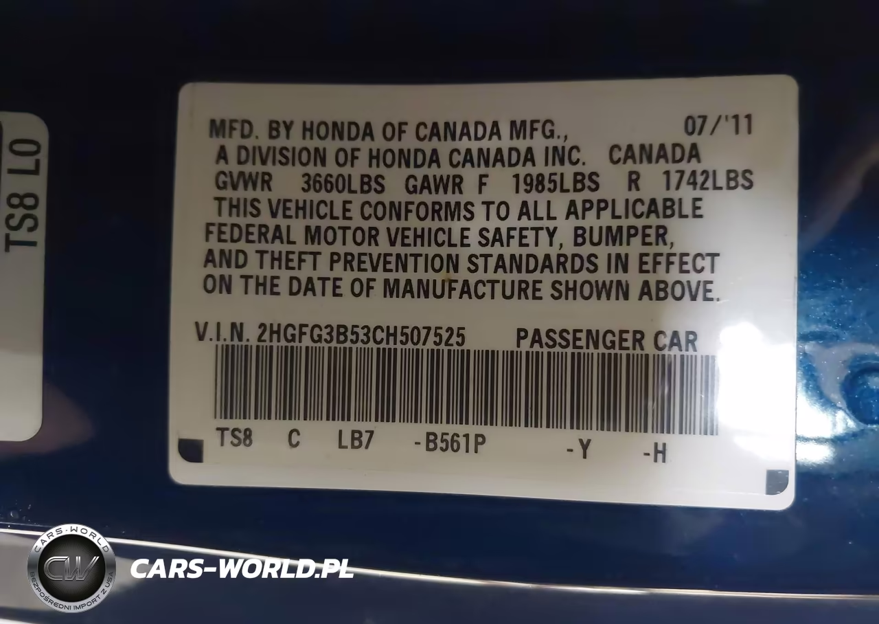2012 Honda Civic Lx VIN:2HGFG3B53CH507525 - 9