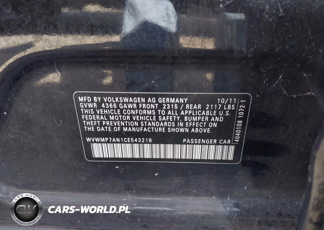 2012 Volkswagen Cc Sport VIN:WVWMP7AN1CE543218 - 9