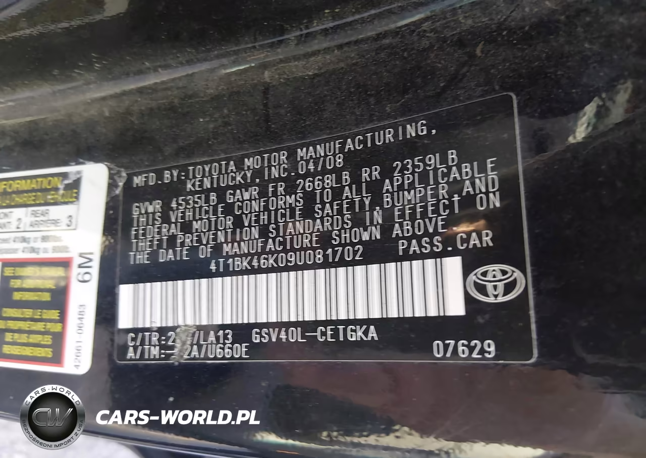 2009 Toyota Camry Xle V6 VIN:4T1BK46K09U081702 - 9