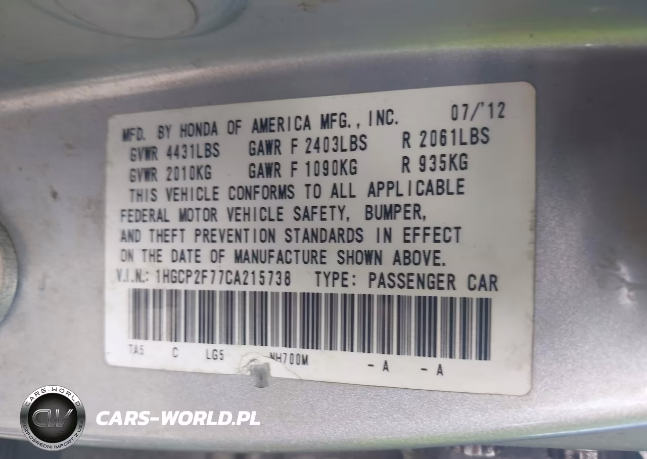 2012 Honda Accord 2.4 Ex VIN:1HGCP2F77CA215738 - 9