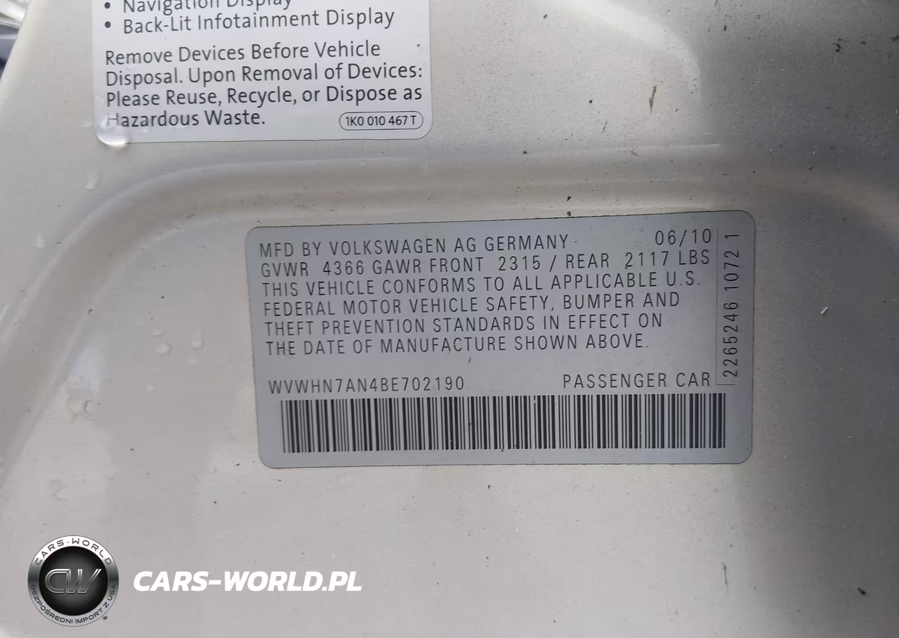 2011 Volkswagen Cc Lux VIN:WVWHN7AN4BE702190 - 9