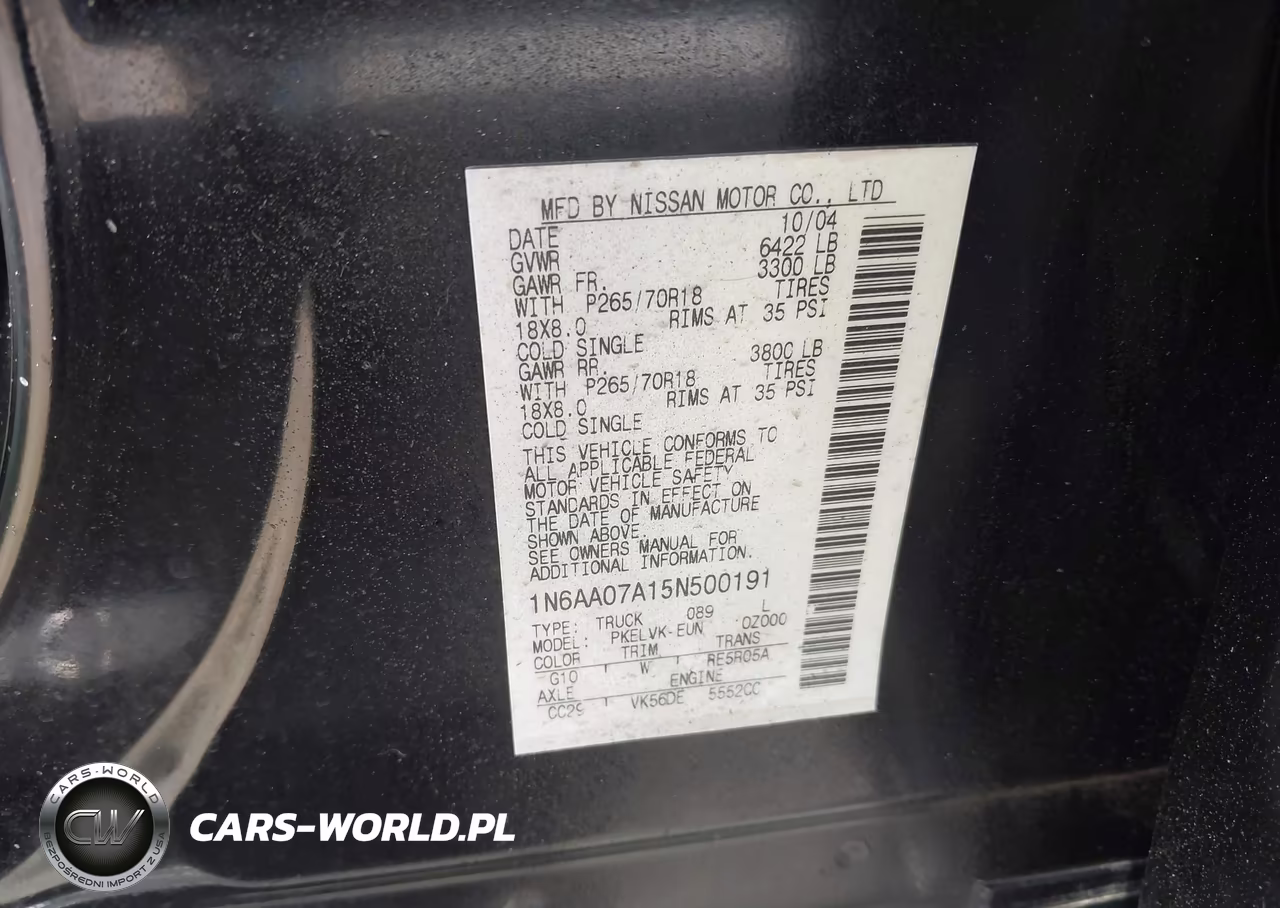 2005 Nissan Titan Le VIN:1N6AA07A15N500191 - 9