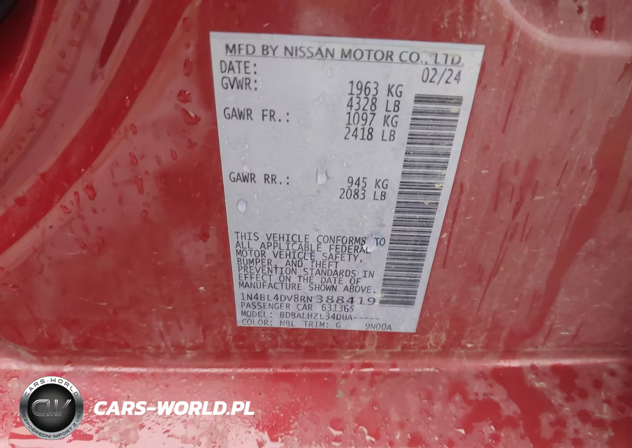 2024 Nissan Altima Sv Fwd VIN:1N4BL4DV8RN388419 - 9