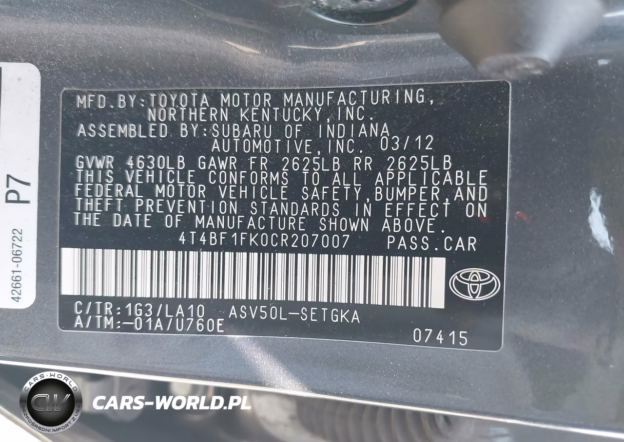 2012 Toyota Camry Xle VIN:4T4BF1FK0CR207007 - 9