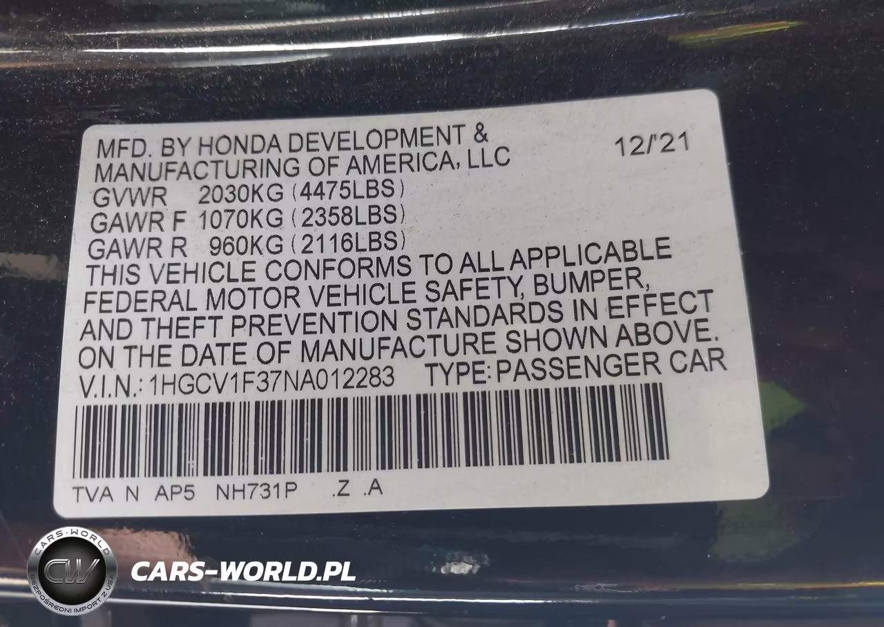 2022 Honda Accord Sport VIN:1HGCV1F37NA012283 - 9