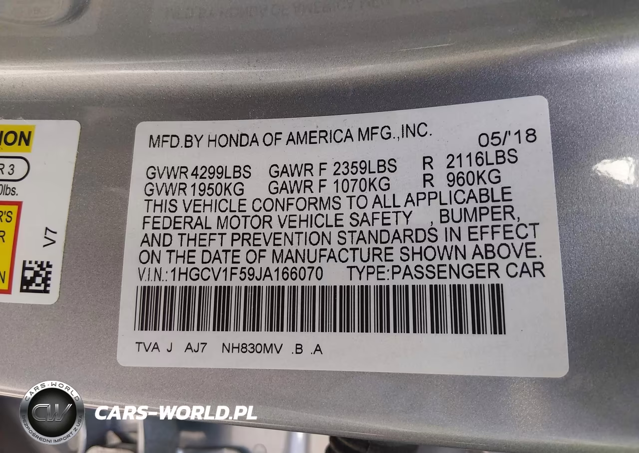 2018 Honda Accord Ex-L VIN:1HGCV1F59JA166070 - 9