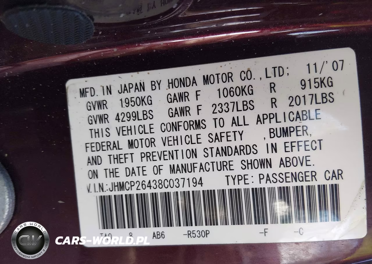 2008 Honda Accord 2.4 Lx-P VIN:JHMCP26438C037194 - 9