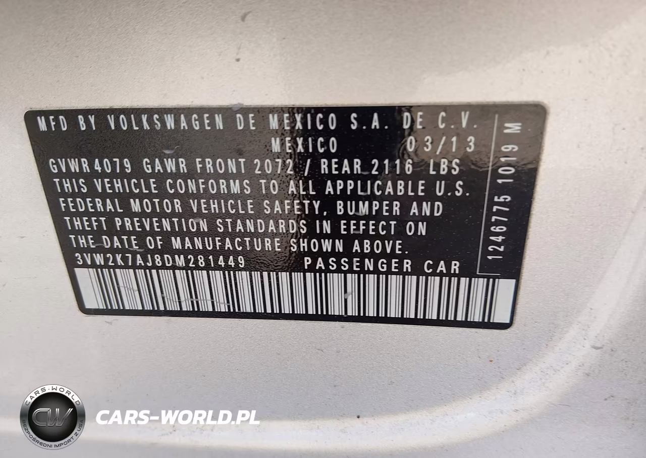 VOLKSWAGEN JETTA VIN:3VW2K7AJ8DM281449 - 9
