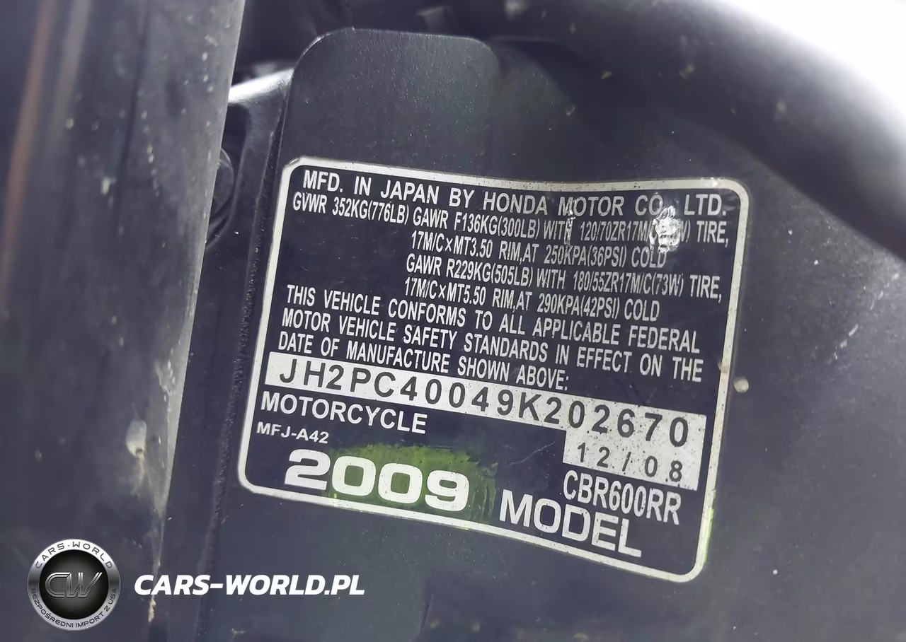 2009 Honda Cbr600 Rr VIN:JH2PC40049K202670 - 10