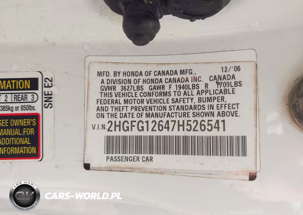2007 Honda Civic Lx VIN:2HGFG12647H526541 - 9
