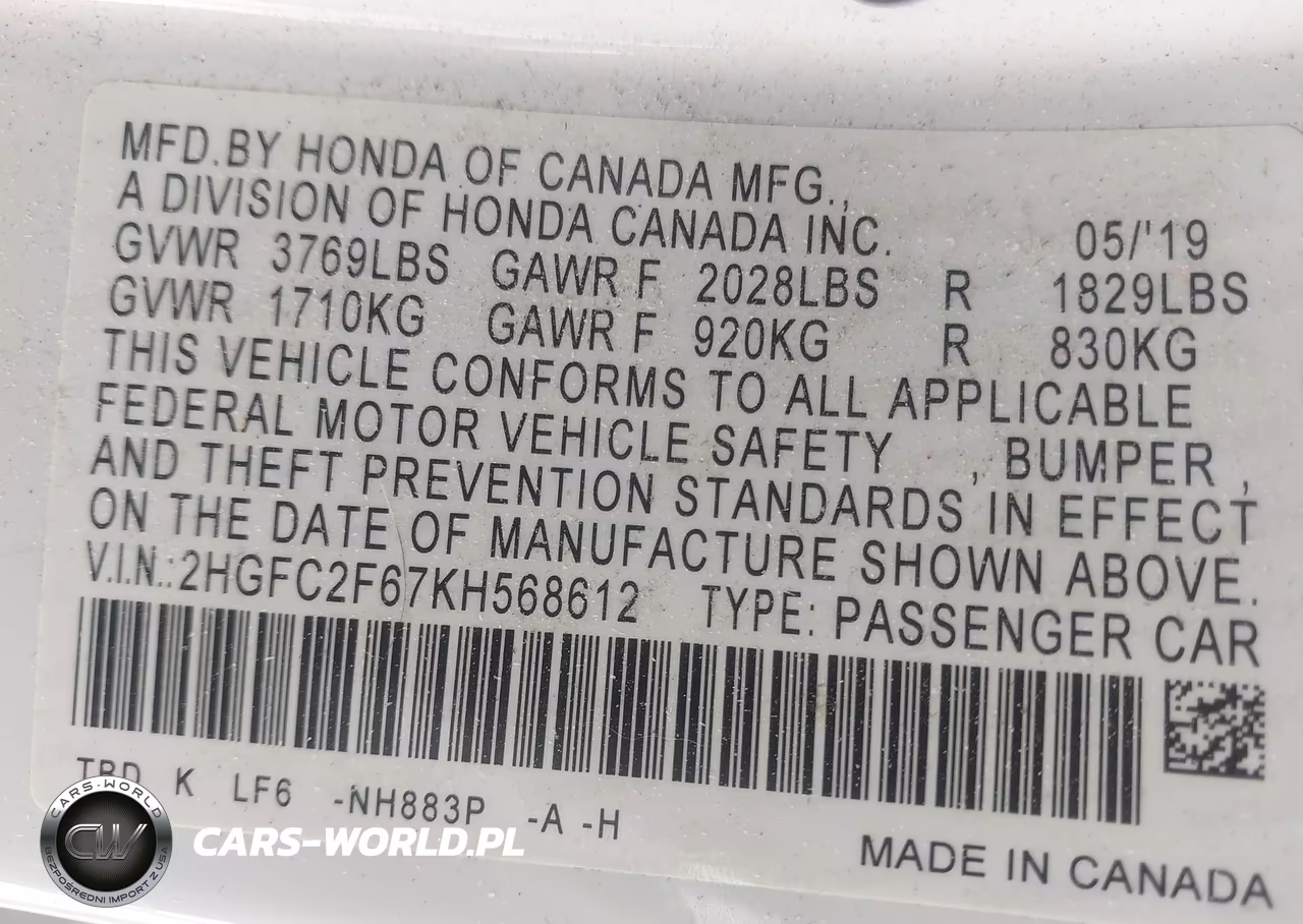 2019 Honda Civic Lx VIN:2HGFC2F67KH568612 - 9