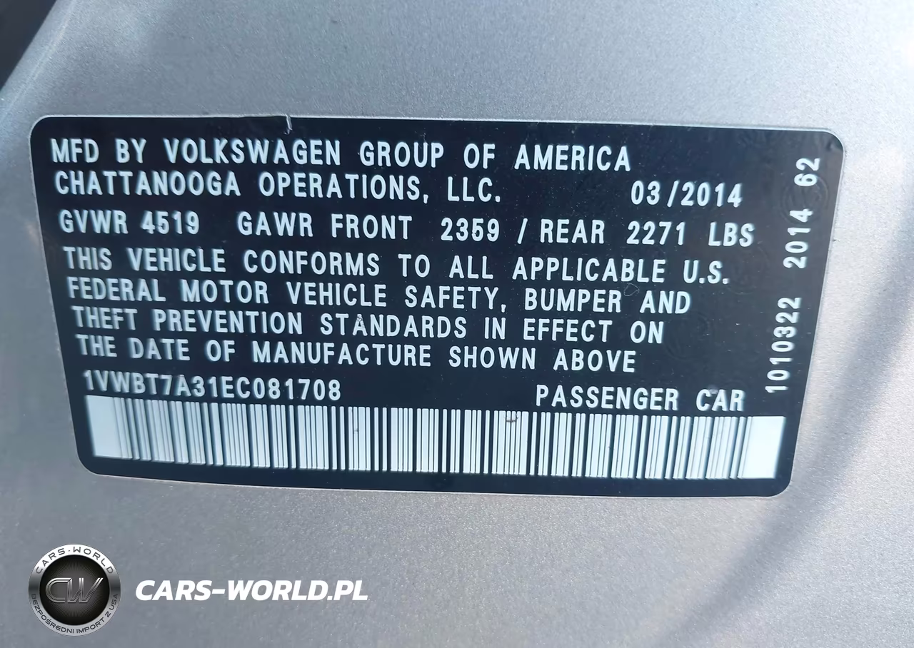 2014 Volkswagen Passat 1.8T Se VIN:1VWBT7A31EC081708 - 9