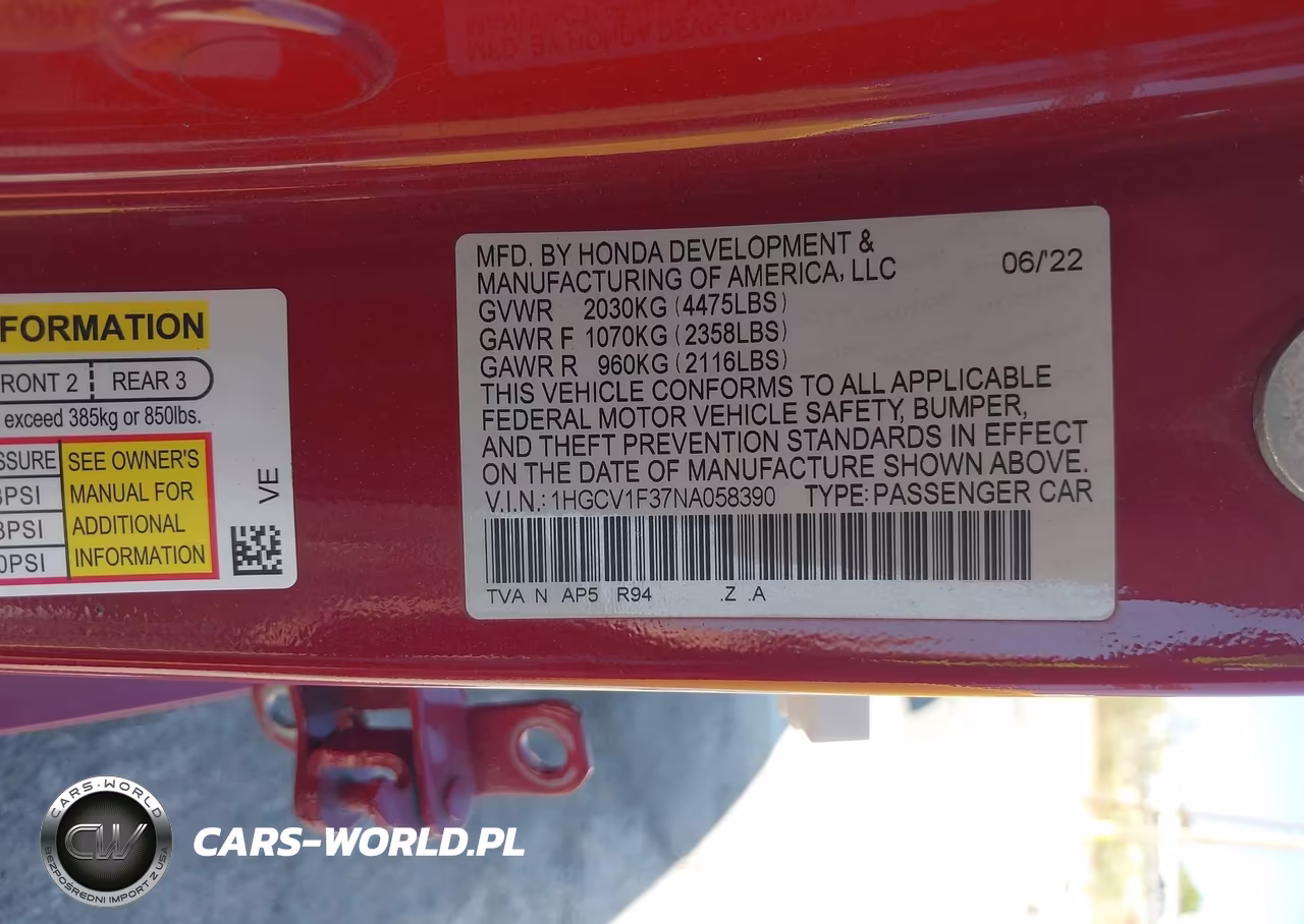 2022 Honda Accord Sport VIN:1HGCV1F37NA058390 - 9