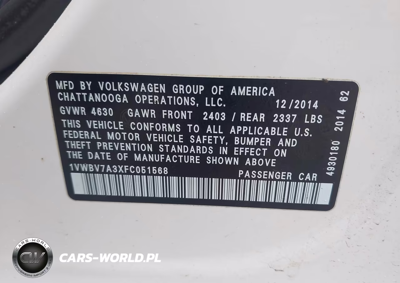 2015 Volkswagen Passat 2.0L Tdi Se VIN:1VWBV7A3XFC051568 - 9