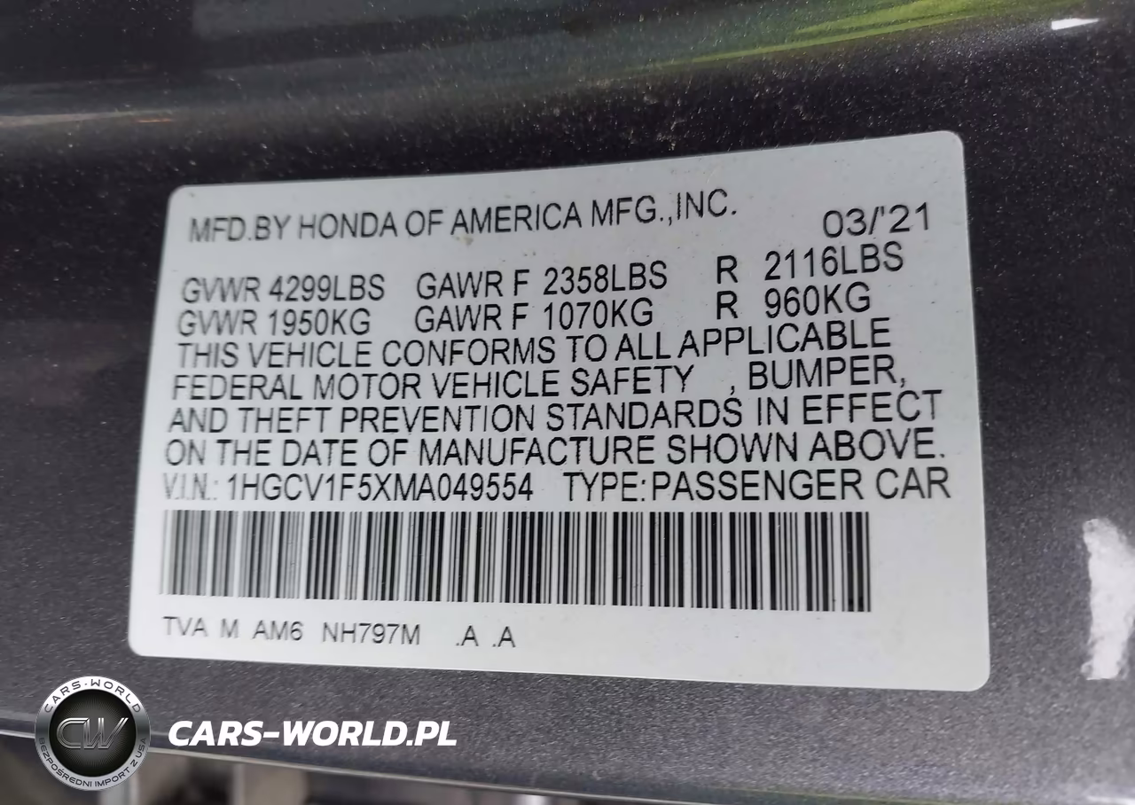 2021 Honda Accord Ex-L VIN:1HGCV1F5XMA049554 - 9