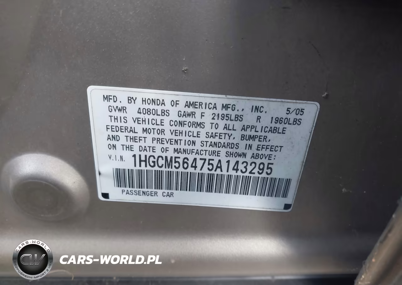 2005 Honda Accord 2.4 Lx VIN:1HGCM56475A143295 - 9
