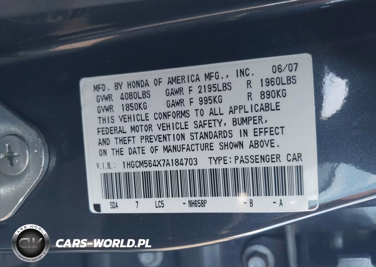 2007 Honda Accord 2.4 Lx VIN:1HGCM564X7A184703 - 9