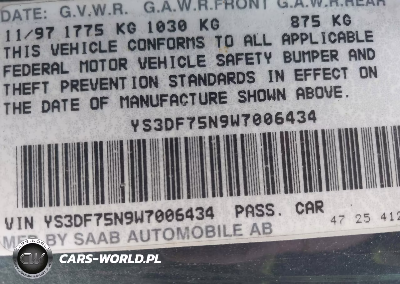 1998 Saab 900 Se VIN:YS3DF75N9W7006434 - 9