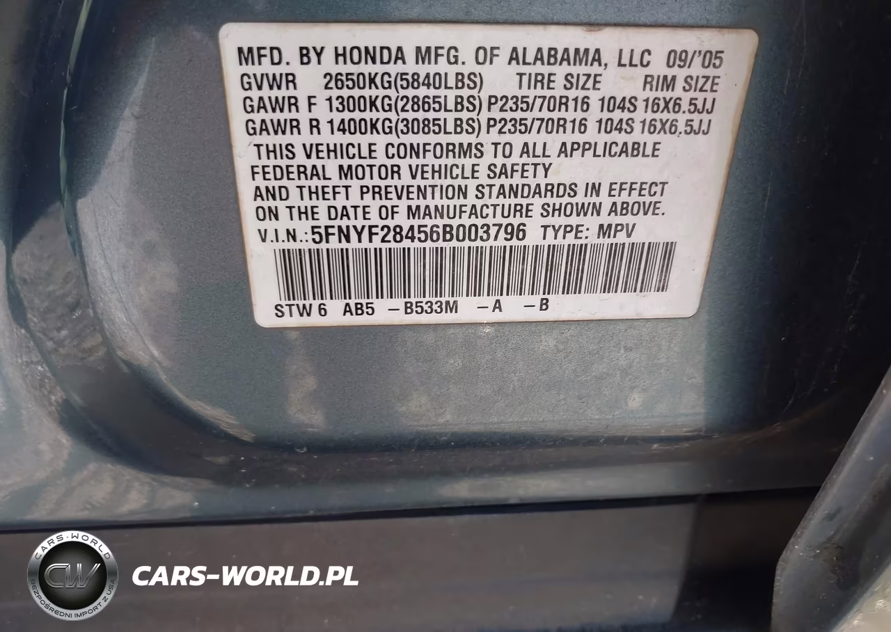 2006 Honda Pilot Ex VIN:5FNYF28456B003796 - 9
