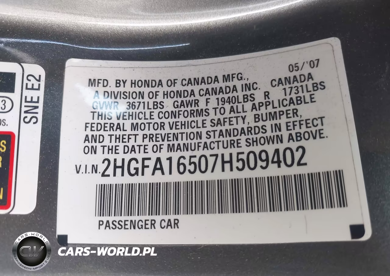 2007 Honda Civic Lx VIN:2HGFA16507H509402 - 9