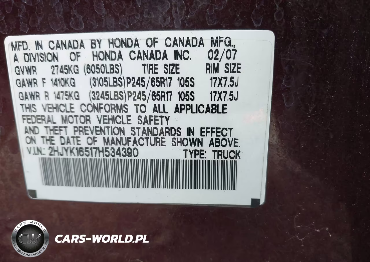 2007 Honda Ridgeline Rtl VIN:2HJYK16517H534390 - 9
